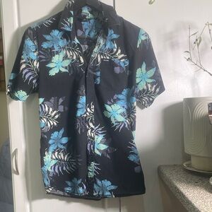 Volcom Men's Floral Button Down Shirt - Black and Blue